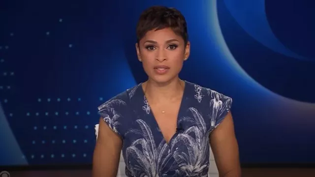 Robe midi ceinturée à imprimé palmier Marella portée par Jericka Duncan telle qu’elle a été vue dans CBS Evening News le 1er septembre 2025