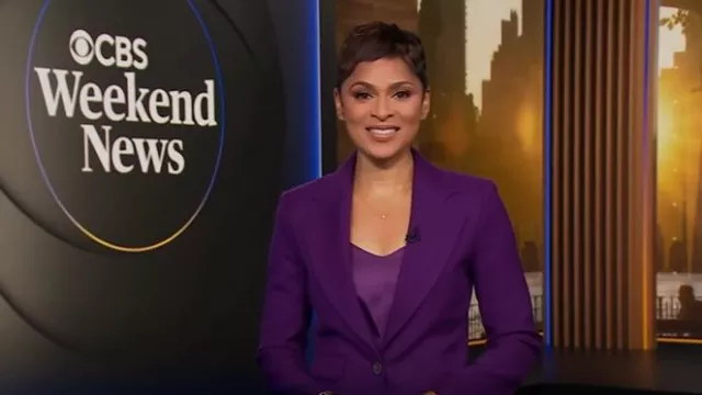 Blazer Banana Republic Lido en Deep Purple porté par Jericka Duncan tel qu’on le voit dans CBS Evening News le 1er septembre 2025