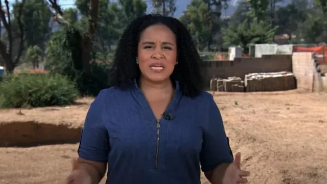 Anne Klein Steffi Zip Denim Dress worn by Elise Preston as seen in CBS Evening News on September 1, 2025