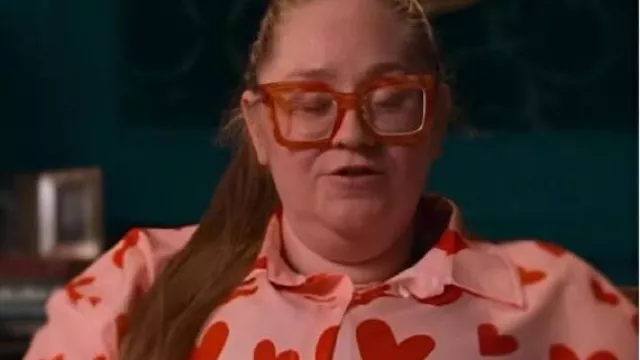 The Inheritance Pink & Red Heart Print Blouse worn by (Hannah Waddingham) as seen in The Inheritance (S01E01)