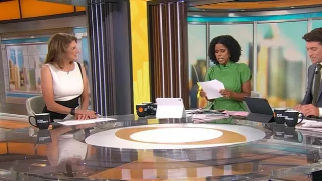 Vestido de Boss Dikrysa usado por Jill Schlesinger como se ve en CBS Mornings el 4 de septiembre de 2025