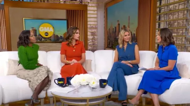 Robe chemise midi ceinturée Theory portée par Elizabeth Schulze telle que vue dans Good Morning America le 5 septembre 2025