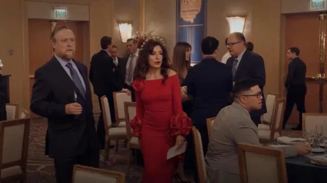 Solace London Talia Off-The-Shoulder Faille-Trimmed Dress  worn by Esmeralda Grand (Sabrina Impacciatore) as seen in The Paper (S01E10)