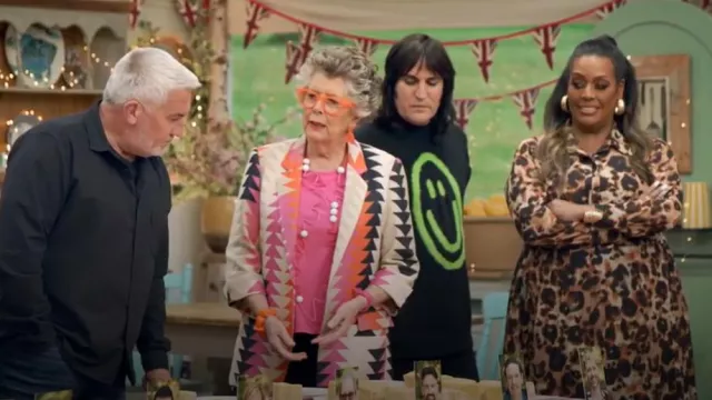 Vilagallo Clover Triangle Print Turn Back Cuff Blazer Beige Multi worn by (Prue Leith) as seen in The Great British Bake Off (S15E01)