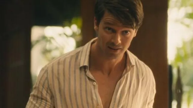 The White Lotus S03 Patrick Schwarzenegger Striped Shirt worn by Saxon Ratliff (Patrick Schwarzenegger) as seen in The White Lotus (S03)