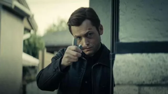 Levi's Faux Leather Laydown Collar Racer Jacket worn by Dave Gudsen (Taron Egerton) as seen in Smoke (S01E08)
