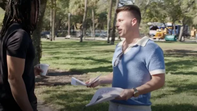 Polo de mezcla de lana y algodón Horton marrón Horton de Orlebar en azul usado por Jovi como se ve en 90 Day Fiancé: Happily Ever After? (S09E09)