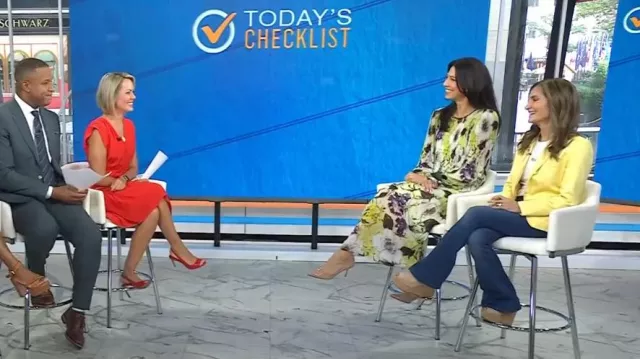 Robe midi à manches blouson imprimée Reiss Florere portée par Natalie Azar comme on le voit dans Today le 13 septembre 2025