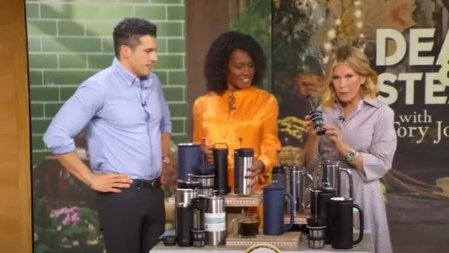 Vestido camisero con cinturón de popelina de algodón a rayas de la colección Michael Kors usado por Tory Johnson como se ve en Good Morning America el 15 de septiembre de 2025