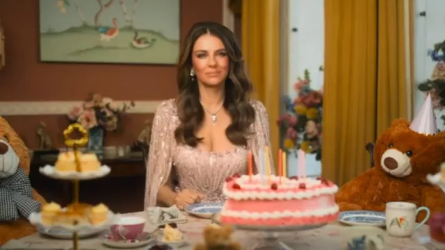 Jenny Packham Embellished Cape-Detail Gown worn by Liz Hurley as seen in The Inheritance (S01E08)