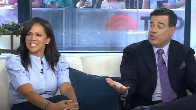 Cadre : Chemise à manches bouffantes froncées portée par Laura Jarrett, comme on le voit dans Aujourd’hui, le 15 septembre 2025