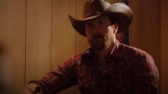 Wrangler Western Fashion Shirt M Pearl Snap Red Long Sleeve Plaid Pockets worn by Walker Chisum (Josh Kelly) as seen in Midnight, Texas (S02E01)