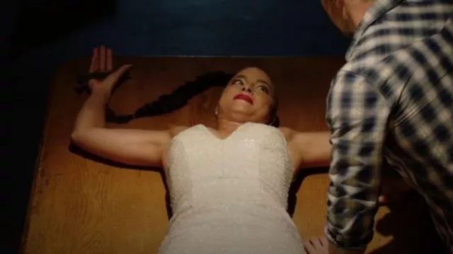 Dress the Population Ivory White Taupe Sequin Embellished Cocktail Midi worn by Fiji Cavanaugh as seen in Midnight, Texas (S02E07)
