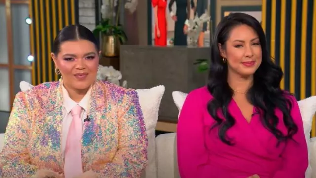 Nasty Gal Premium Sequin Feather Trim iridescent Blazer worn by Tiffany Baira as seen in Tamron Hall Show on September 23, 2025