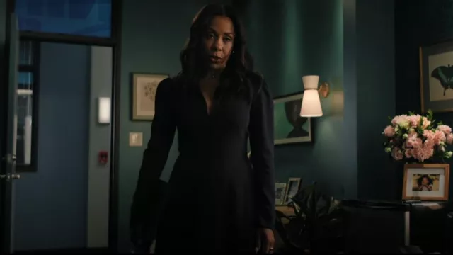 Lafayette 148 New York Responsible Finesse Crepe Button Midi Dress worn by Mia Jordan (Karen Pittman) as seen in The Morning Show (S04E02)