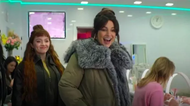 River Island Light Khaki Padded Faux Fur Collar Jacket worn by Erin Croft (Michelle Keegan) as seen in Brassic (S07E01)