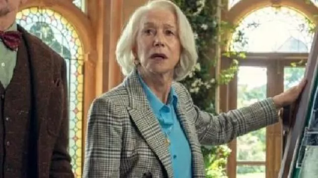 The Thursday Murder Club Plaid Blazer worn by Elizabeth (Helen Mirren) as seen in The Thursday Murder Club