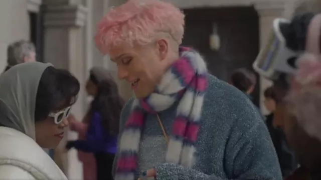 Marni White/Blue/Pink Striped Mohair Scarf worn by Boss Gibbons (Leo Reich) as seen in Too Much (S01E10)