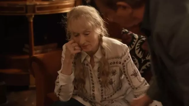 Ted Baker Simcoa Panel Print Silk Linen Longline Shirt worn by Loretta Durkin (Meryl Streep) as seen in Only Murders in the Building (S05E06)