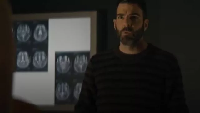 Filson Jacquard Wool Crew neck Sweater porté par le Dr Oliver Wolf (Zachary Quinto) comme on le voit dans Brilliant Minds (S01E02)