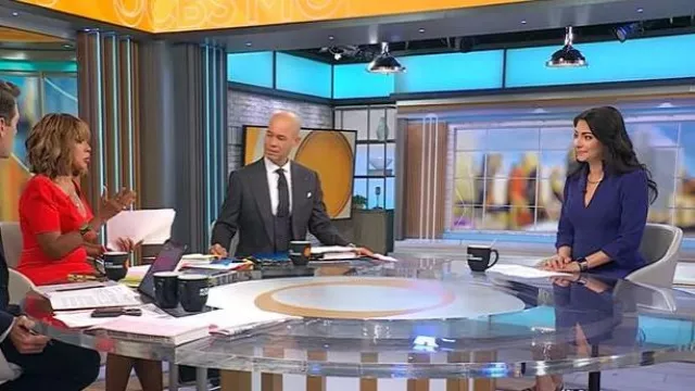 Vestido Kensington Halo negro en Dark Indigo usado por Celine Gounder como se ve en CBS Mornings el 24 de septiembre de 2025