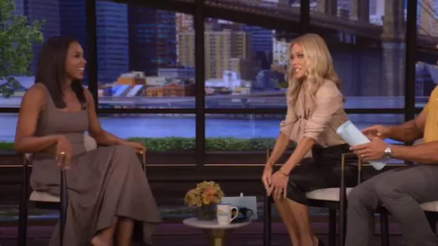 Staud Wells Houndstooth Fit & Flare Midi Dress worn by Rachel Scott as seen in LIVE with Kelly and Mark on September 26, 2025