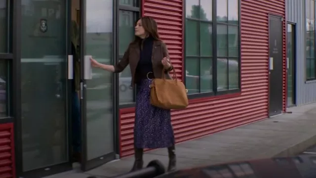 Claudia Firenze Brown Suede Satchel Bag worn by Cassandra Lee (Kristin Kreuk) as seen in Murder in a Small Town (S02E02)