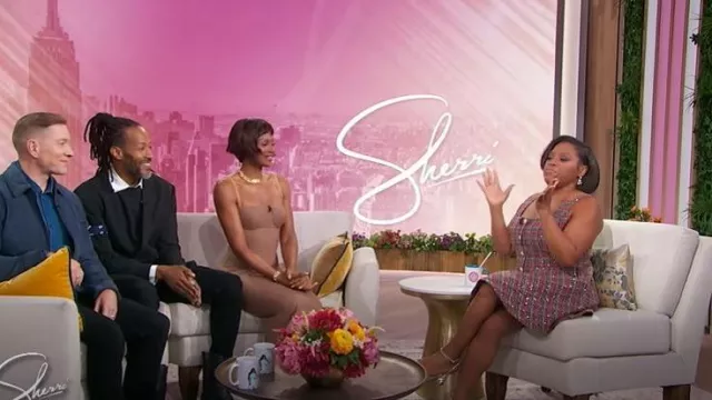 Aqua Sequin Tweed Mini Dress worn by Sherri Shepherd as seen in Sherri on October 2, 2025
