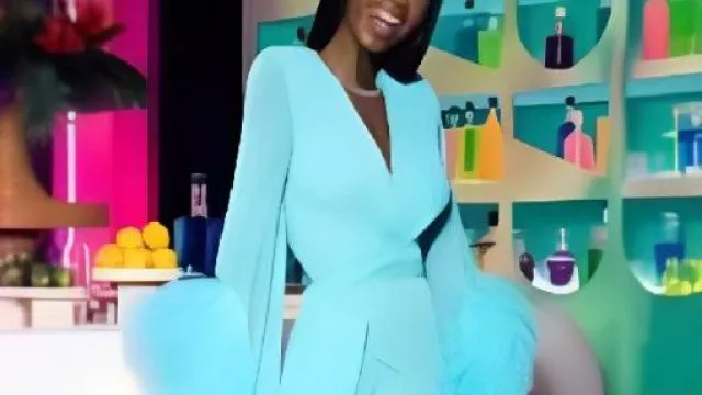 Real Housewives of Miami S07 Kiki Barth Blue Feather-Cuff Gown