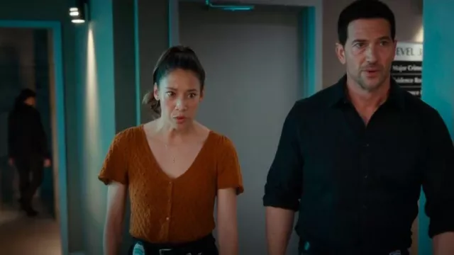 Sezane Jeanne Jersey usado por Sarah Truong (Mayko Nguyen) como se ve en Hudson & Rex (S08E03)