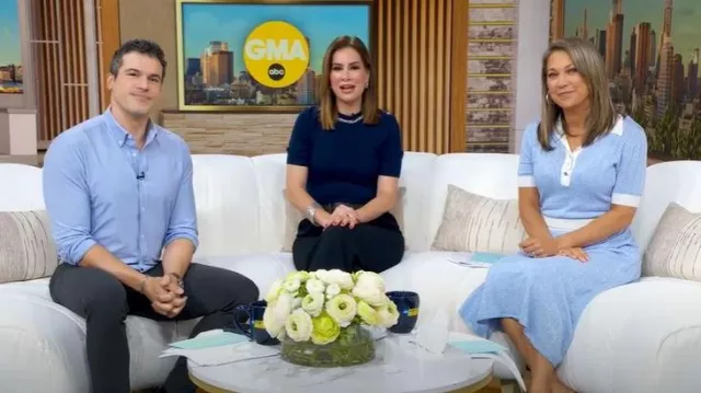Vestido de mezcla de lino Boss con tapeta de botones usado por Ginger Zee como se ve en Good Morning America el 6 de octubre de 2025