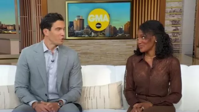 Camisa esencial de encaje transparente Express usada por Janai Norman como se ve en Good Morning America el 7 de octubre de 2025