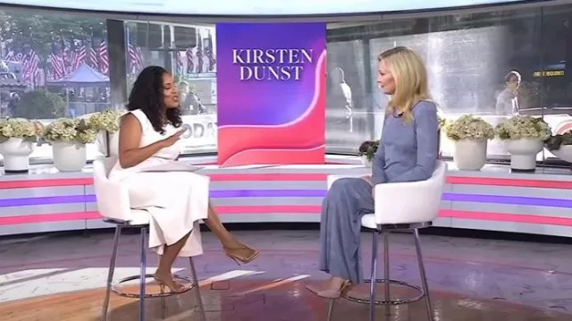 Robe longue en tricot métallisé à imprimé floral Rabanne portée par Kirsten Dunst, comme on le voit dans Today le 7 octobre 2025