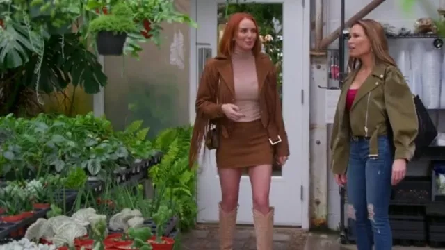 Christian Louboutin Santia Suede Knee-High Red Sole Western Boots in Beige worn by Whitney Rose as seen in The Real Housewives of Salt Lake City (S06E04)