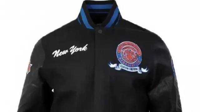 NY Knicks Team Badge Classic Rib Varsity Jacket worn by Stephen Curry in New York Knicks Logo History NBA Team Logo Review bongramoswhosoevers