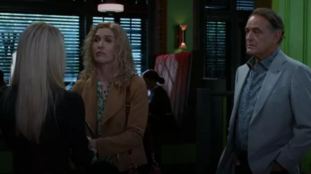 Kut from the Kloth Carina Camel Vegan Suede Jacket worn by Jan Morgan (Jerri Tubbs) as seen in Beyond the Gates (S01E138)