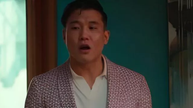 Joel Kim Booster Loot S03 Pink Blazer worn by Nicholas (Joel Kim Booster) as seen in Loot