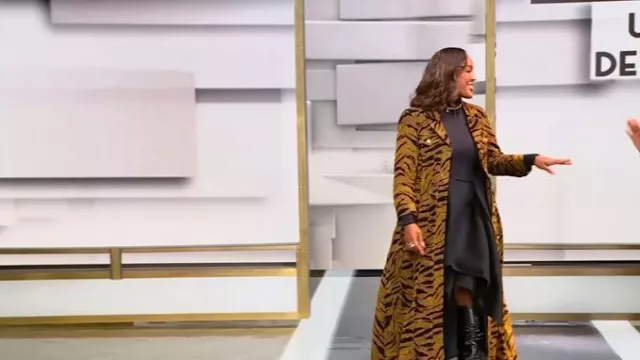 Robe longue boutonnée à motif tigre Ganni portée par Brittany Hampton telle qu’elle a été vue au Tamron Hall Show le 21 octobre 2025