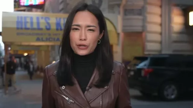 Blouson de motard en cuir d’agneau marron en cuir d’agneau brun porté par Emilie Ikeda comme on le voit dans Today on octobre 22, 2025