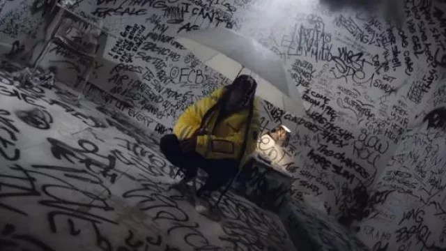 Off White Black & Reflective Stripe Rubber Logo Trackpants worn by Boogie in WESTSIDE BOOGIE - Rainy Days ft. Eminem