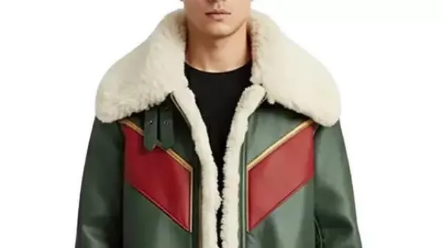 Manteau de Noël long en peau de mouton verte pour homme