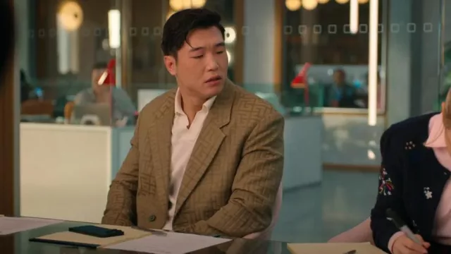 Viggo Malacia Checked Oversized Suit Jacket in Khaki worn by Nicholas (Joel Kim Booster) as seen in Loot (S03E04)