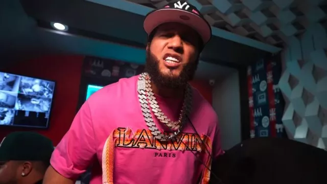 Lanvin Hot Pink Curb Lace T Shirt worn by El Alfa in El Alfa El Jefe x Gordo - El Mas Chingon