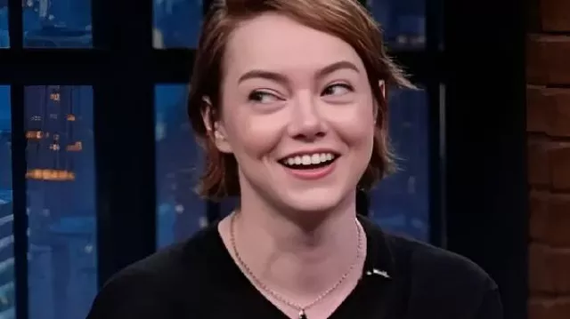 Emma Stone Late Night with Seth Meyers Black Sweatshirt worn by Emma Stone in Late Night with Seth Meyers
