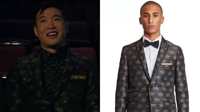 Loot S3 Joel Kim Booster Black Bees Tuxedo Jacket worn by Nicholas (Joel Kim Booster) in Loot (S02)