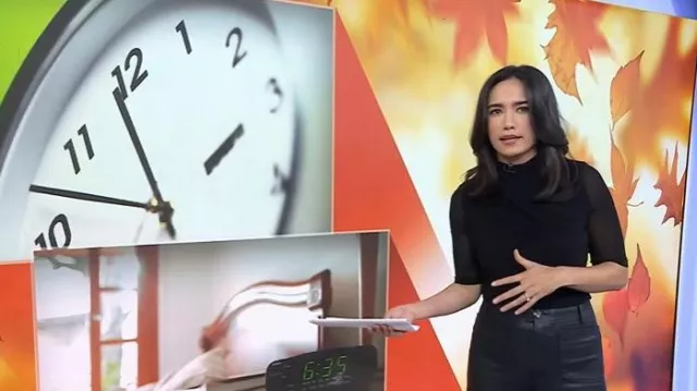 Allegra K Short Sleeve Sheer Mesh Ruched Top worn by Emilie Ikeda as seen in Today on October 31, 2025