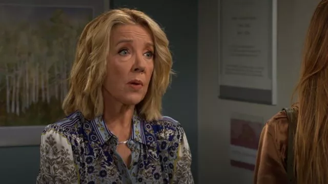 Alice + Olivia Willa Shirt in Forevermore worn by Nikki Reed Newman (Melody Thomas Scott) as seen in The Young and the Restless on October 28, 2025