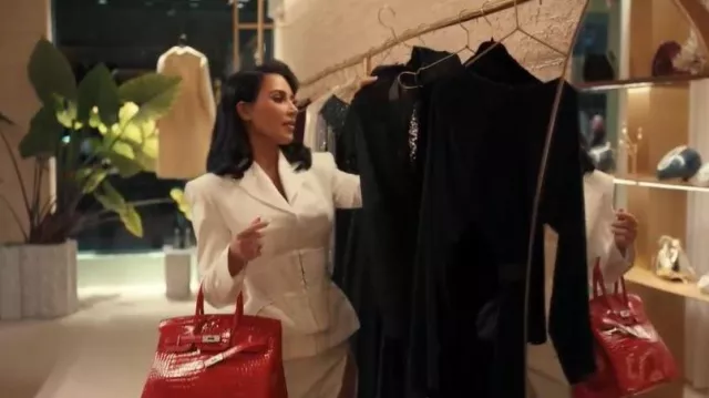 Hermès Rouge Braise Shiny Porosus Crocodile Birkin 35 Palladium Hardware worn by Allura Grant (Kim Kardashian) as seen in All's Fair (S01E04)