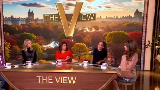 Vestido midi fruncido de Staud Amelie usado por Ana Navarro como se ve en The View el 11 de noviembre de 2025