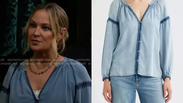 TYATR Sharon Newman Blue Embroidered Top worn by Sharon Collins (Sharon Case) in The Young and the Restless (S52)